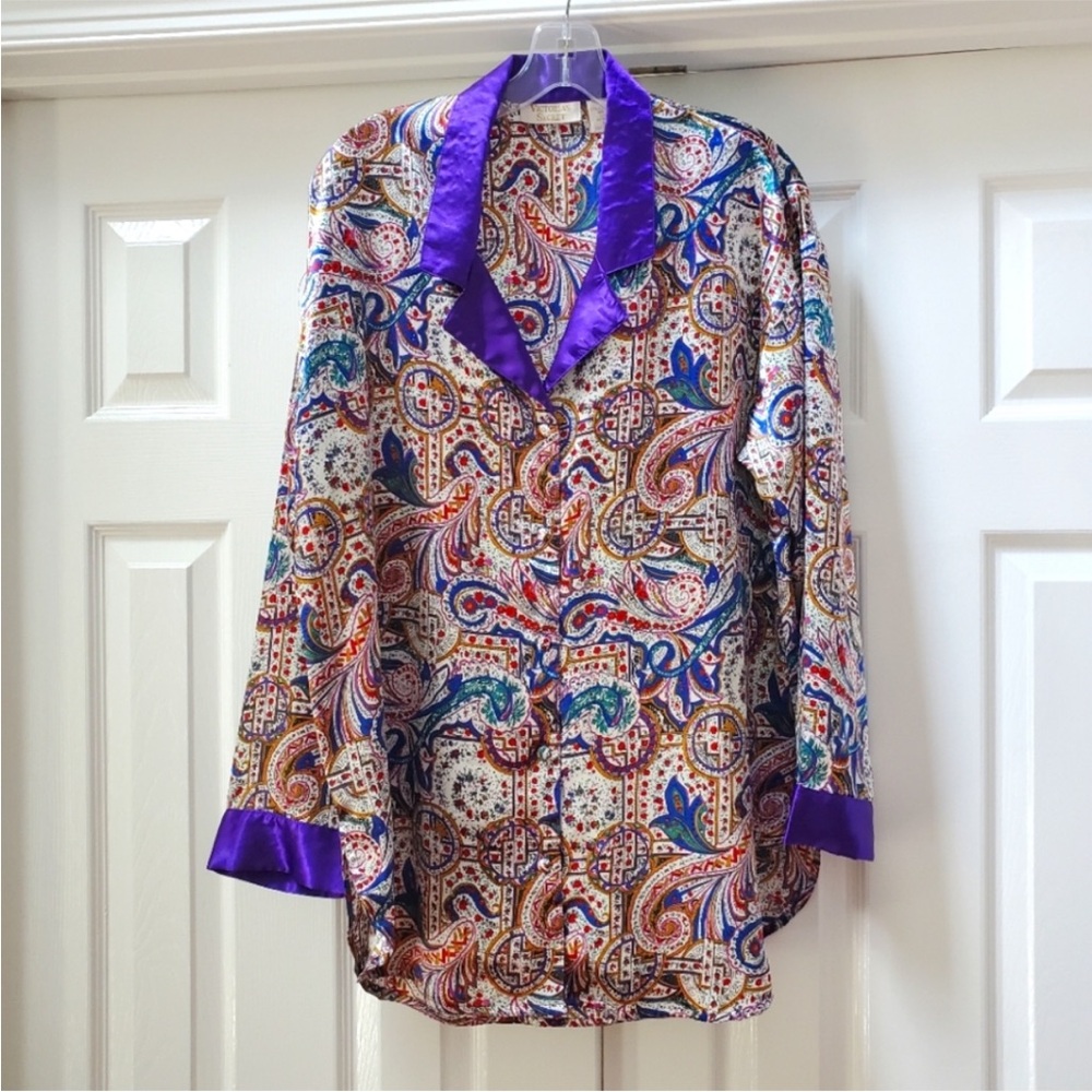Victoria's Secret Multicolor Paisley Blouse with Purple Satin Trim